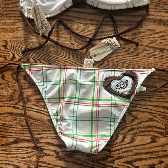 O’Neill NWT medium ringer plaid bandeau bikini white green brown red yellow - Picture 5 of 8